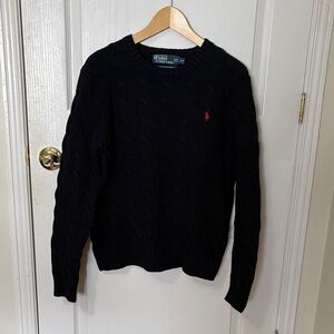Men’s Cotton Polo by Ralph Lauren Black Cable Knit Crewneck with Red Pony